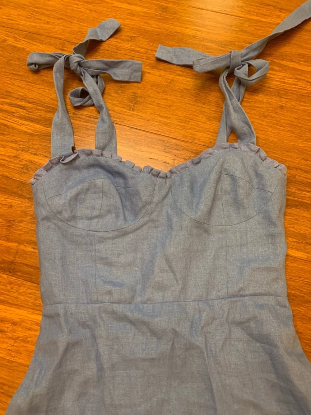 Reformation 0 Linen Desiree Mini Dress Shoulder Ties Sweetheart Neckline blue - Picture 2 of 6